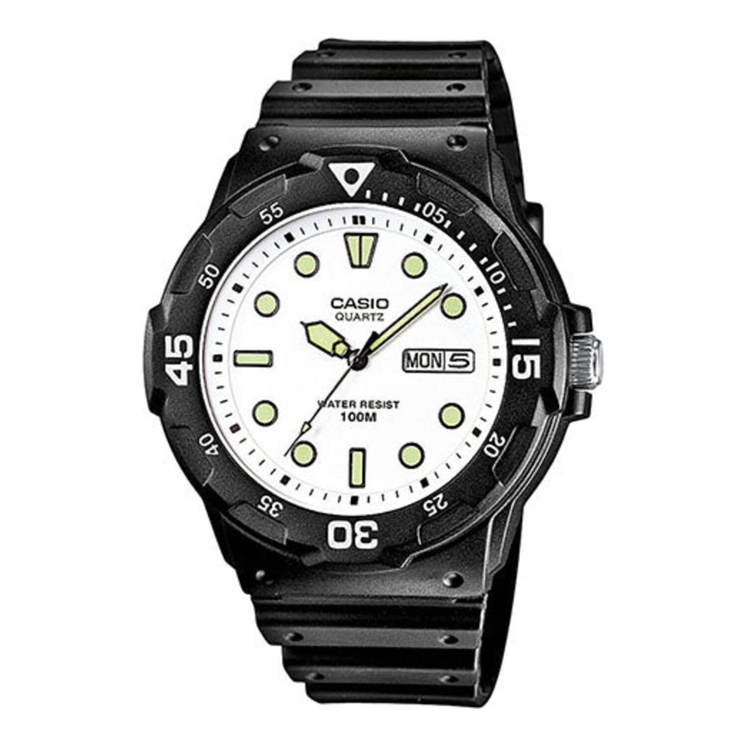 Montre analogique Casio pour homme, au design sportif, avec bracelet en résine légère, lunette tournante et affichage de la date.