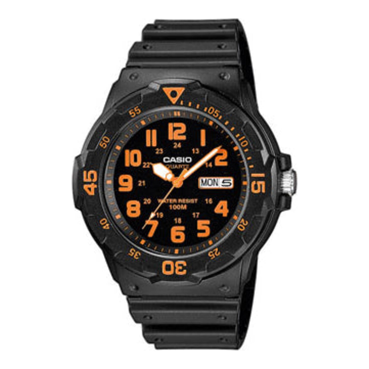 Montre analogique Casio pour homme, au design sportif, avec bracelet en résine rouge, lunette tournante et affichage de la date.