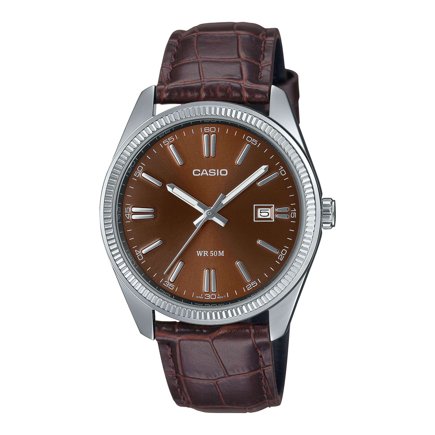 Montre Casio pour homme à quartz avec affichage du jour et de la date, bracelet en cuir marron