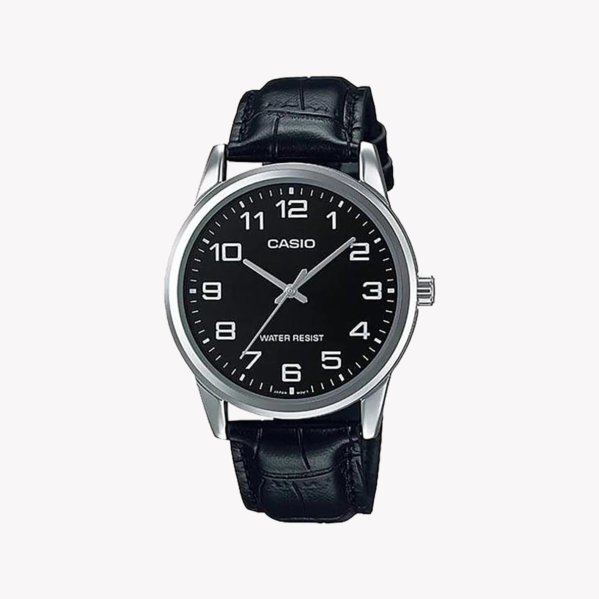 Casio Herren Analog Quarzuhr mit Metallgehäuse und Lederarmband, schwarzes Zifferblatt