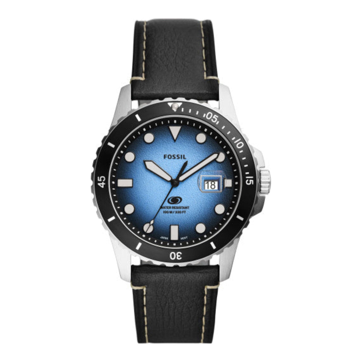Montre Fossil Blue Dive à trois aiguilles et date, bracelet en cuir noir