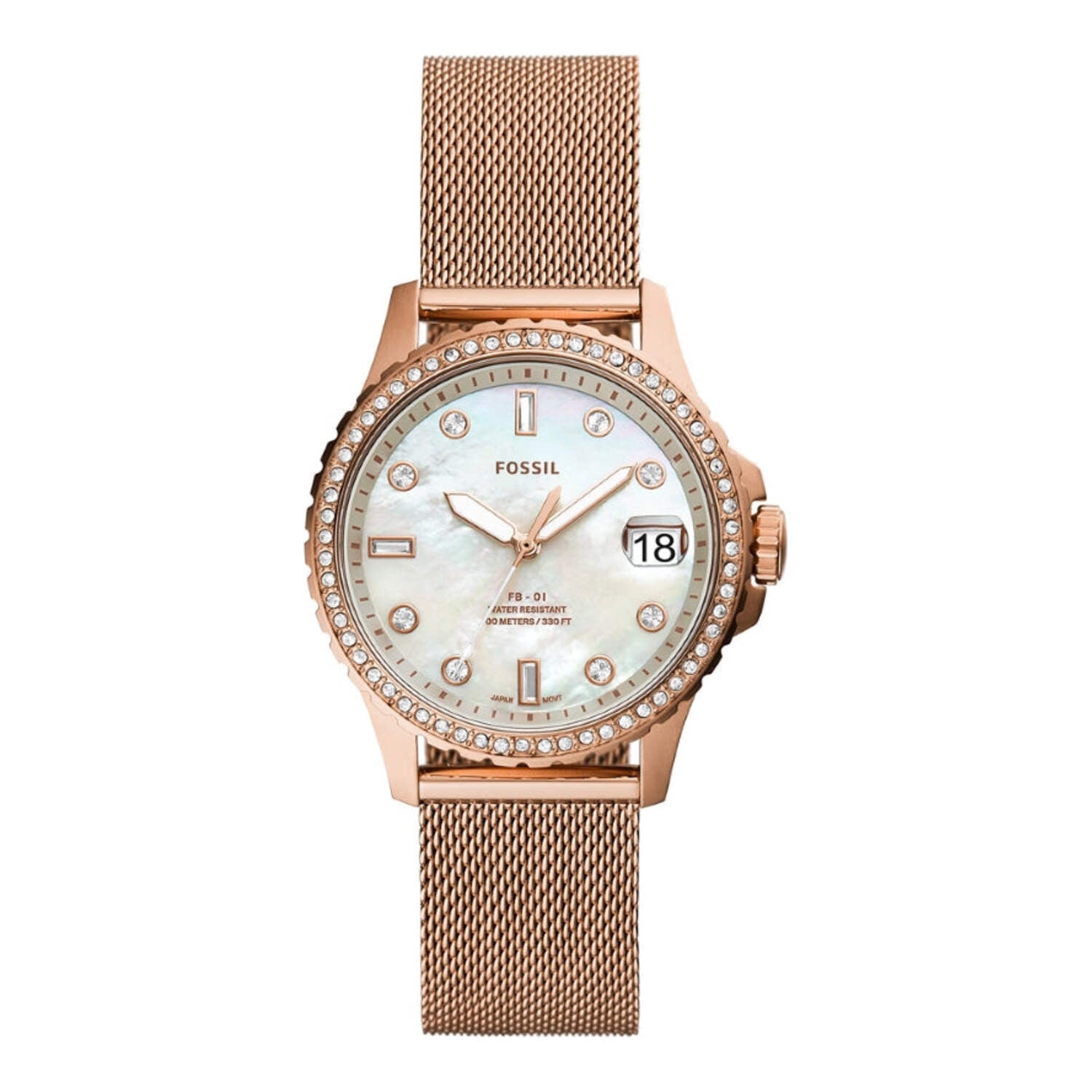 Montre Fossil FB 01 à trois aiguilles avec date, en acier inoxydable blanc et or rose.