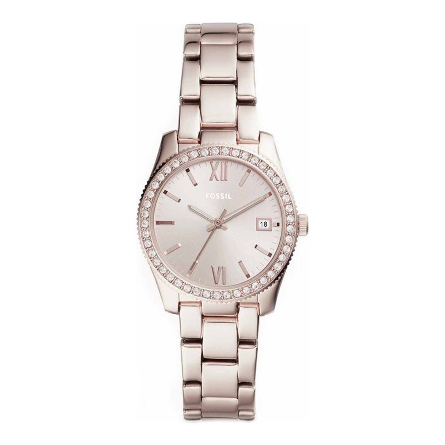 Montre Fossil Scarlette Mini à trois aiguilles et date en acier inoxydable rose pastel