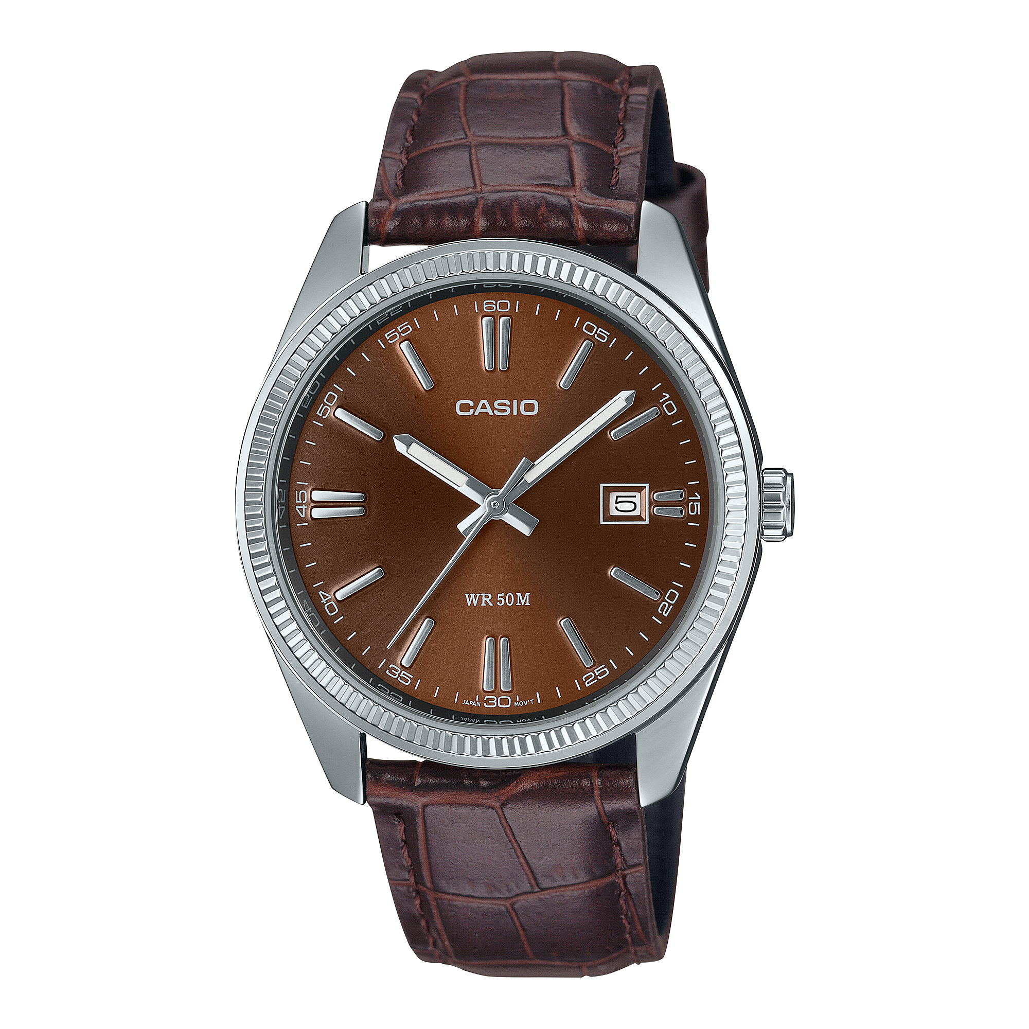 Casio Herren Quarzuhr mit Tagesanzeige, Datum und braunem Lederarmband