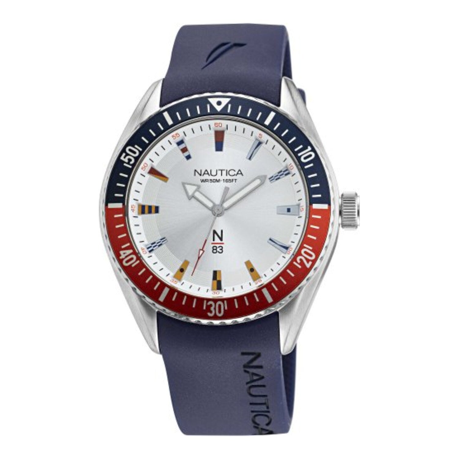 Montre à quartz pour homme Nautica en acier inoxydable avec bracelet en silicone bleu (44 mm, 5 bar)