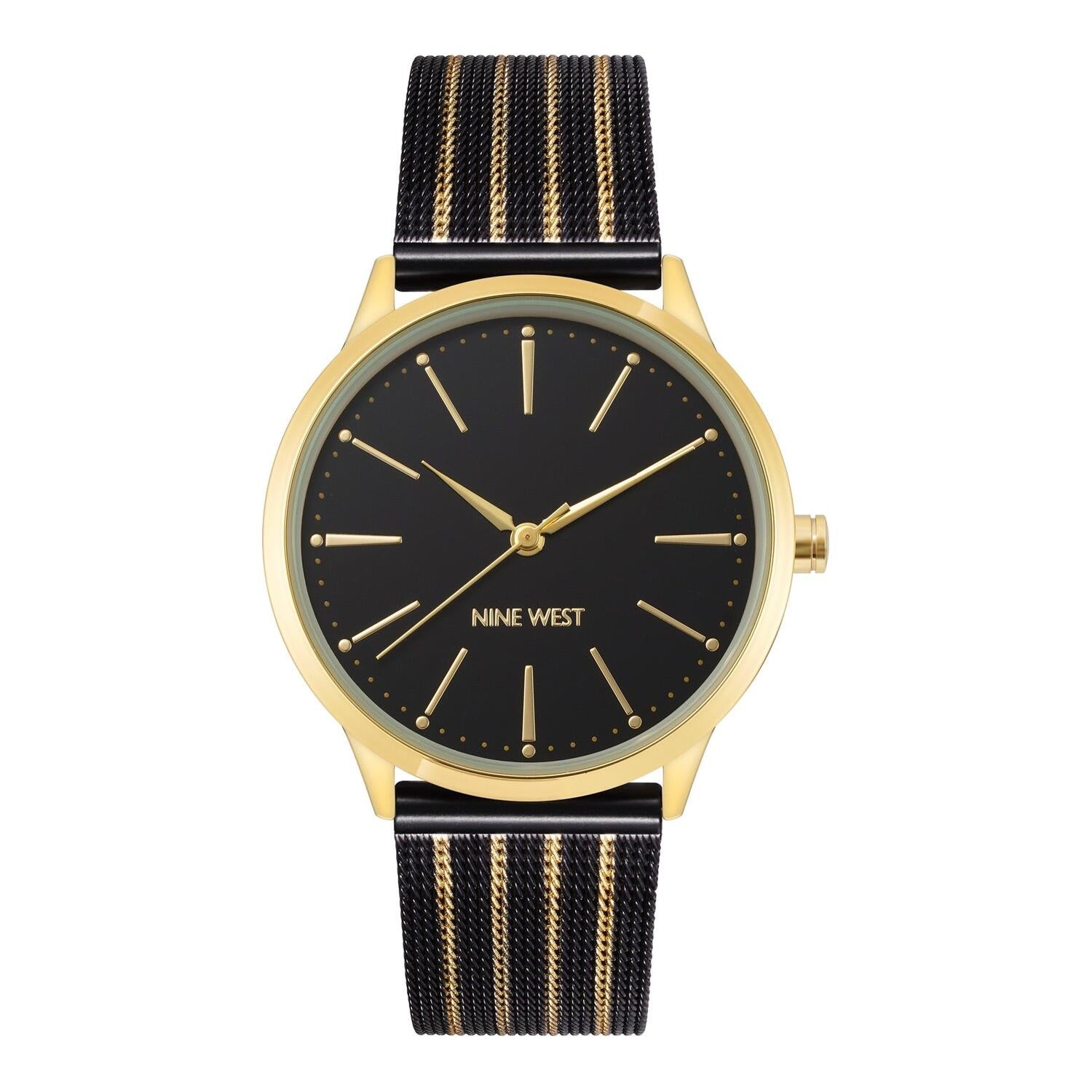 Montre à quartz analogique pour femme Nine West, boîtier et bracelet en métal doré, cadran noir