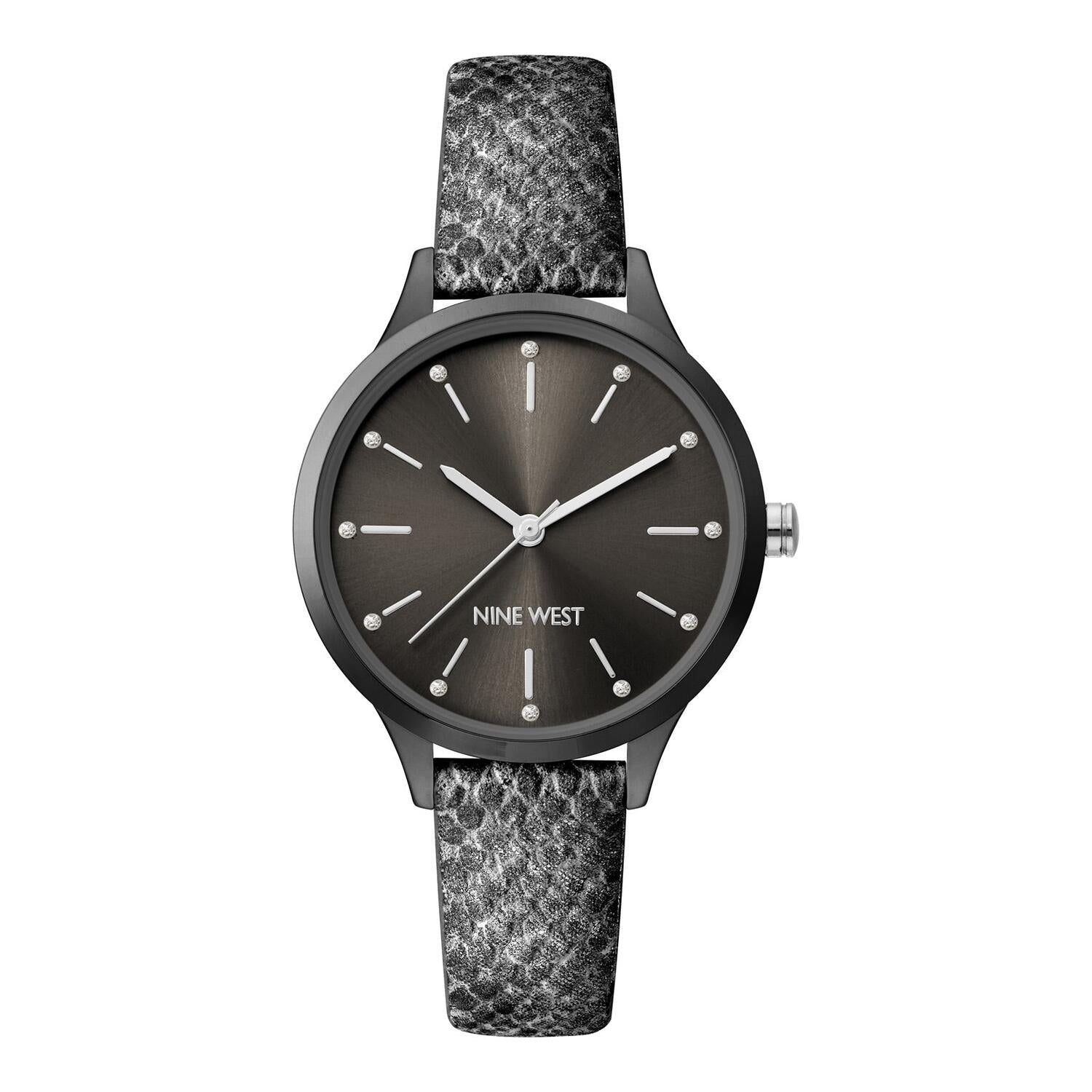 Montre à quartz analogique pour femme Nine West, boîtier et bracelet en métal gris, cadran gris