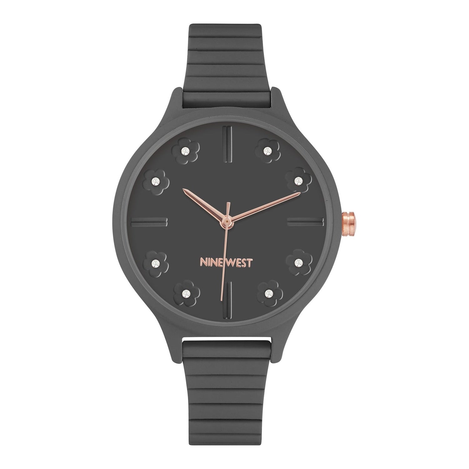 Montre à quartz analogique pour femme Nine West, boîtier et bracelet en métal gris, cadran gris