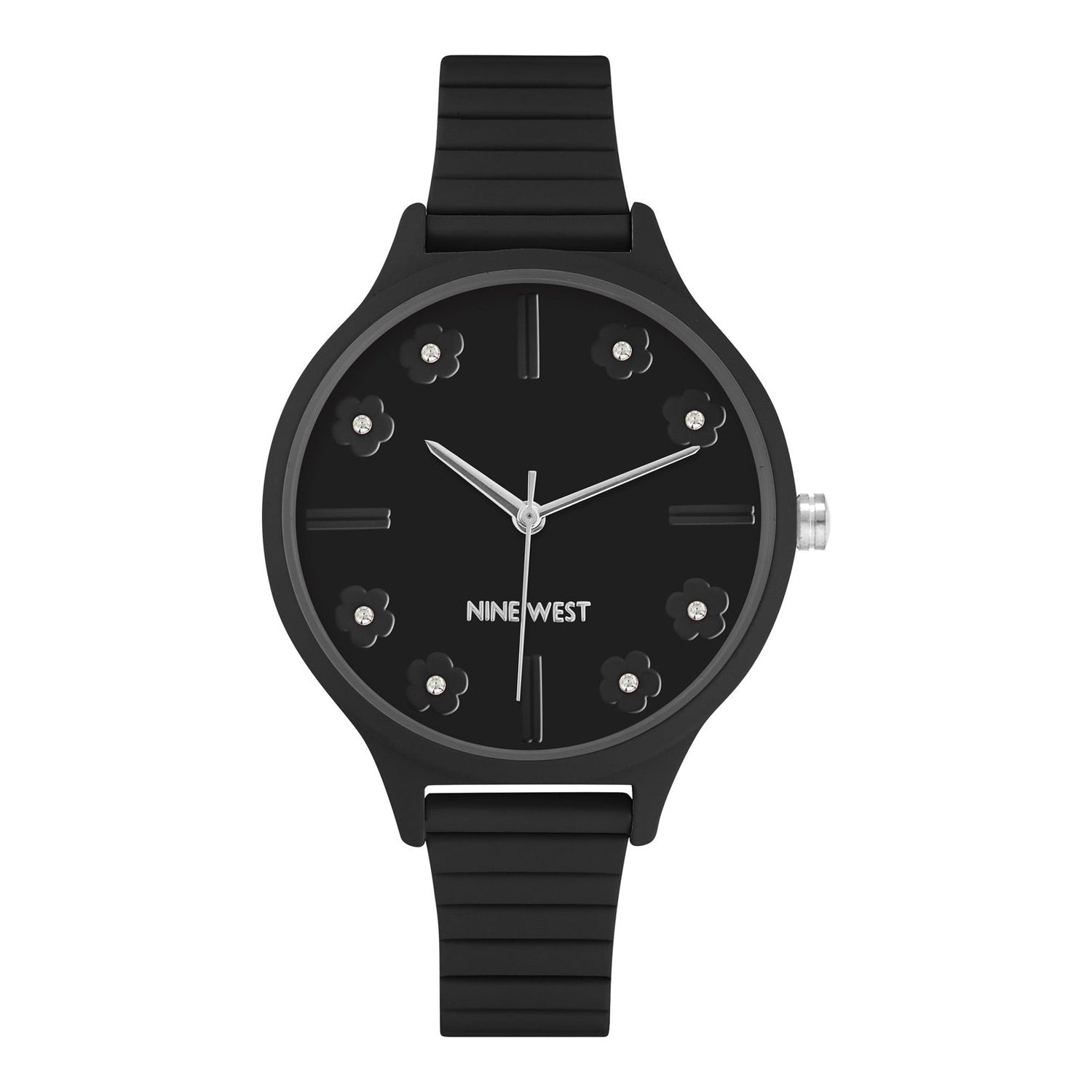 Montre à quartz analogique pour femme Nine West, boîtier et bracelet en métal noir, cadran noir.