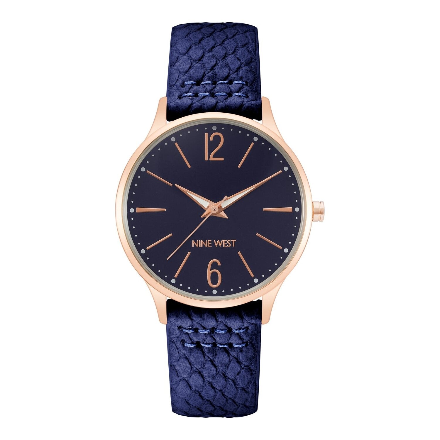 Montre à quartz analogique pour femme Nine West, boîtier et bracelet en métal doré rose, cadran bleu foncé