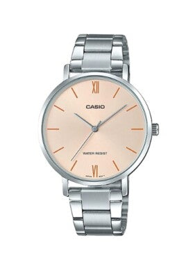 Casio Damen Analog Quarzuhr mit Edelstahlgehäuse und Edelstahlarmband, roséfarbenes Zifferblatt