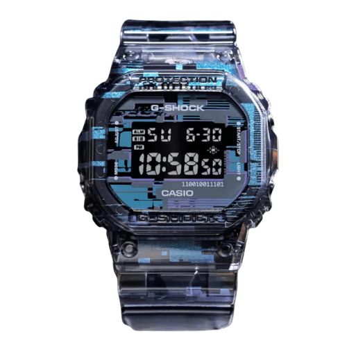 Casio Stoßfeste Digitaluhr aus halbtransparentem Resin im schillernden Digital Glitch Design mit LED Beleuchtung und 20 bar Wasserdichtigkeit