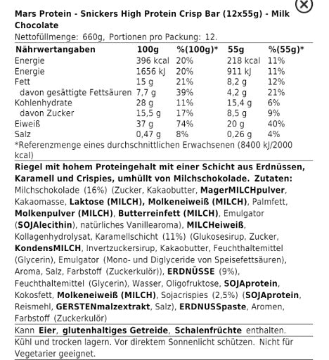 Snickers HI Protein Crisp Bar 12x55g Milk Chocolate