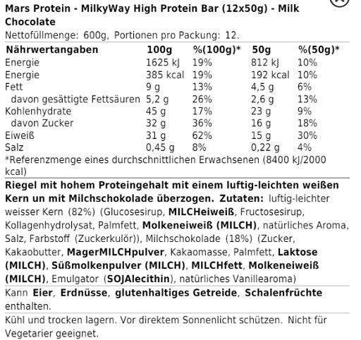 MilkyWay High Protein Bar 12x50g