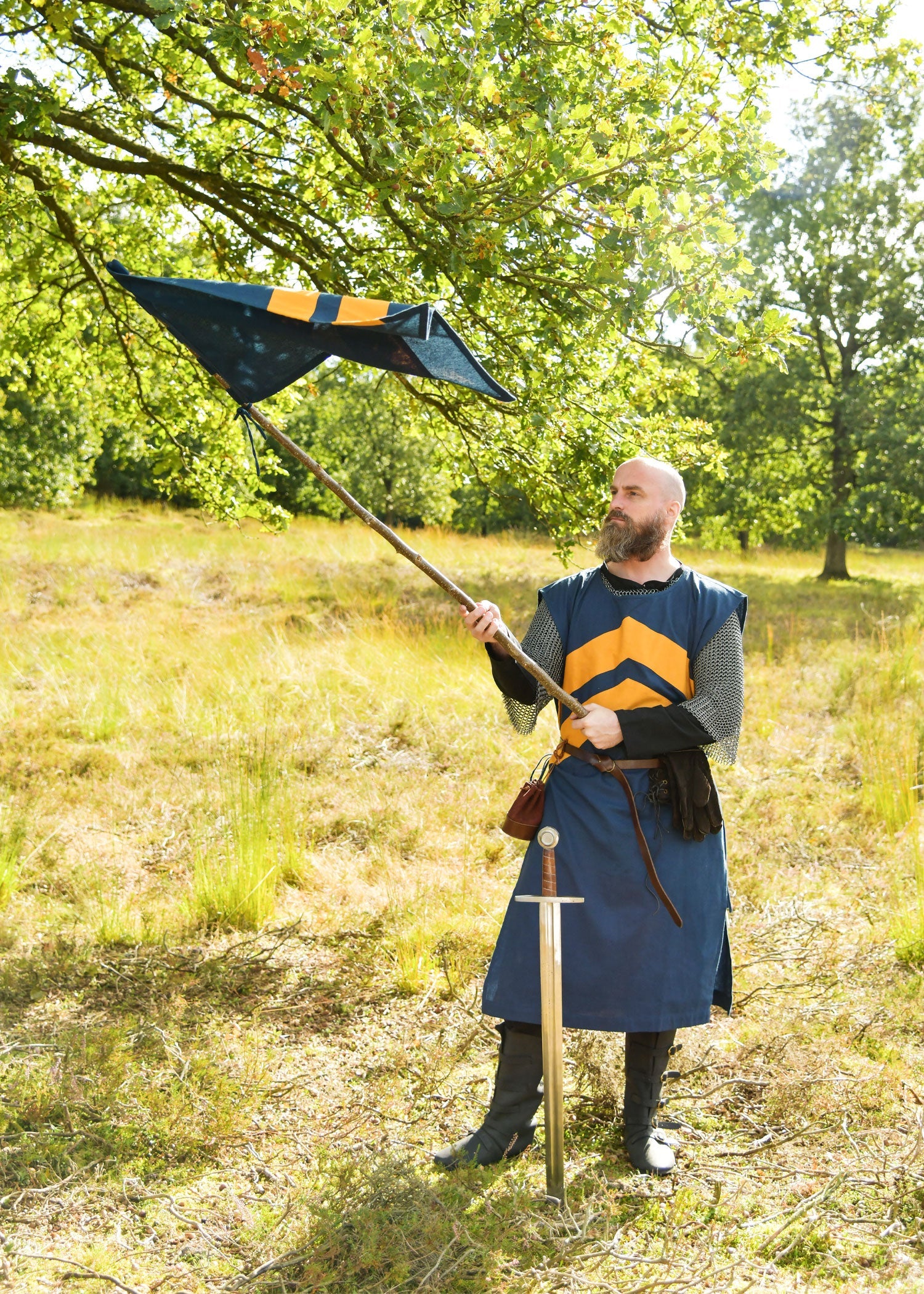 mittelalter fahne mit streifen blau gelb