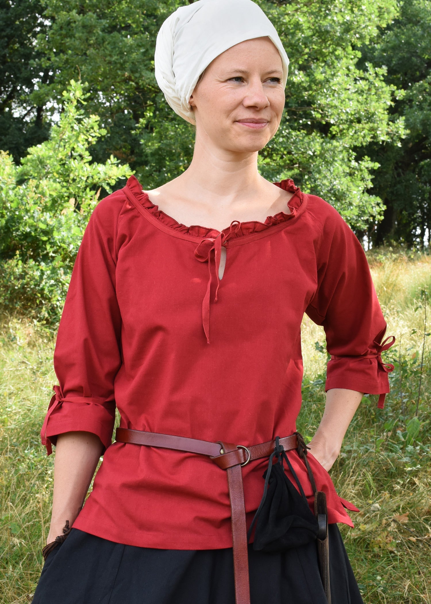 Rote Mittelalter Bluse Birga mit 3/4 Arm &amp; Schnürung