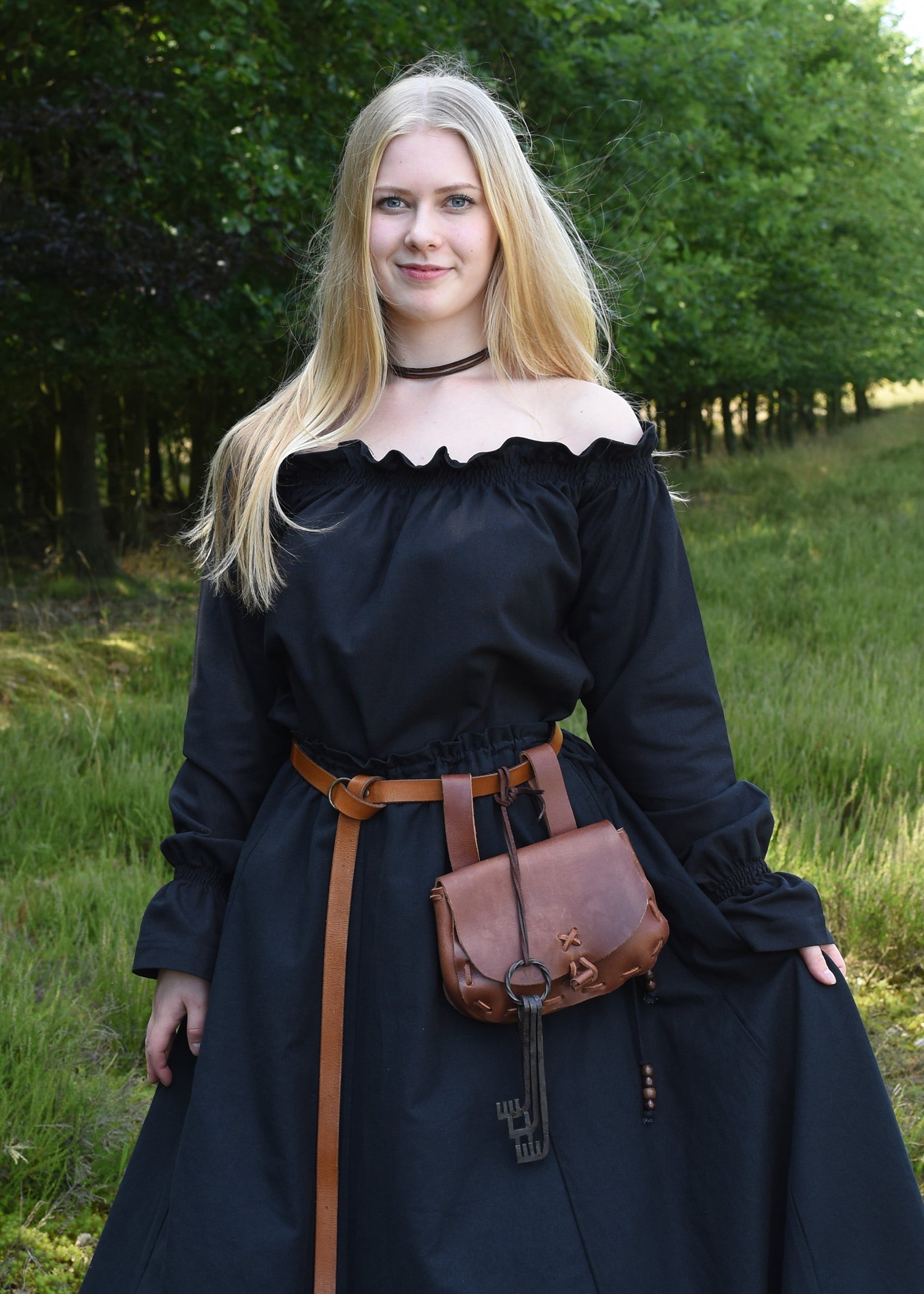Schwarze Mittelalter Carmen Bluse aus reiner Baumwolle