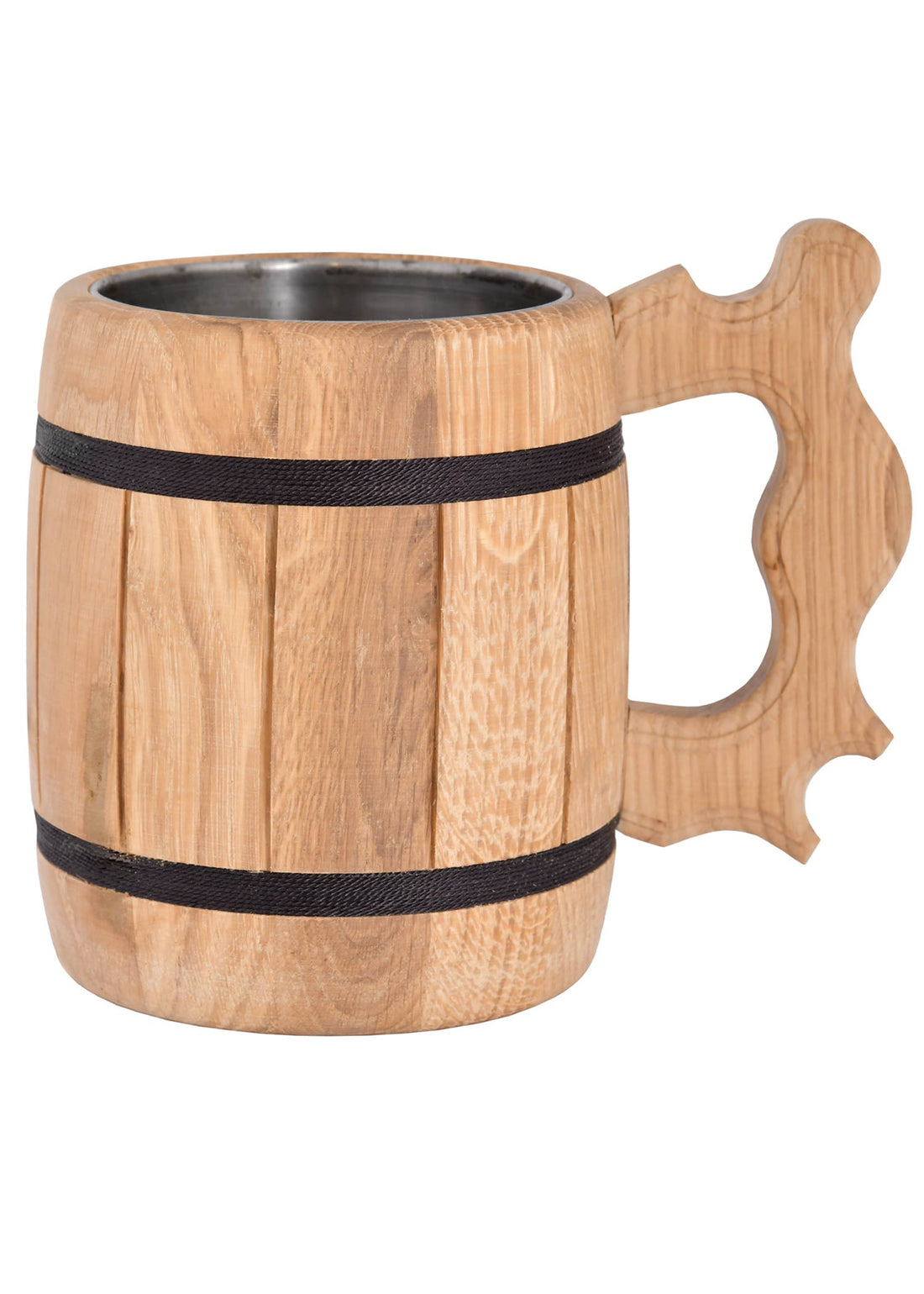 Rustikaler Eichen Bierhumpen mit Edelstahleinsatz