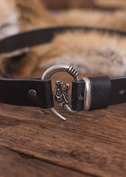 Schwarzer Ledergürtel mit Wolfskopf Schnalle