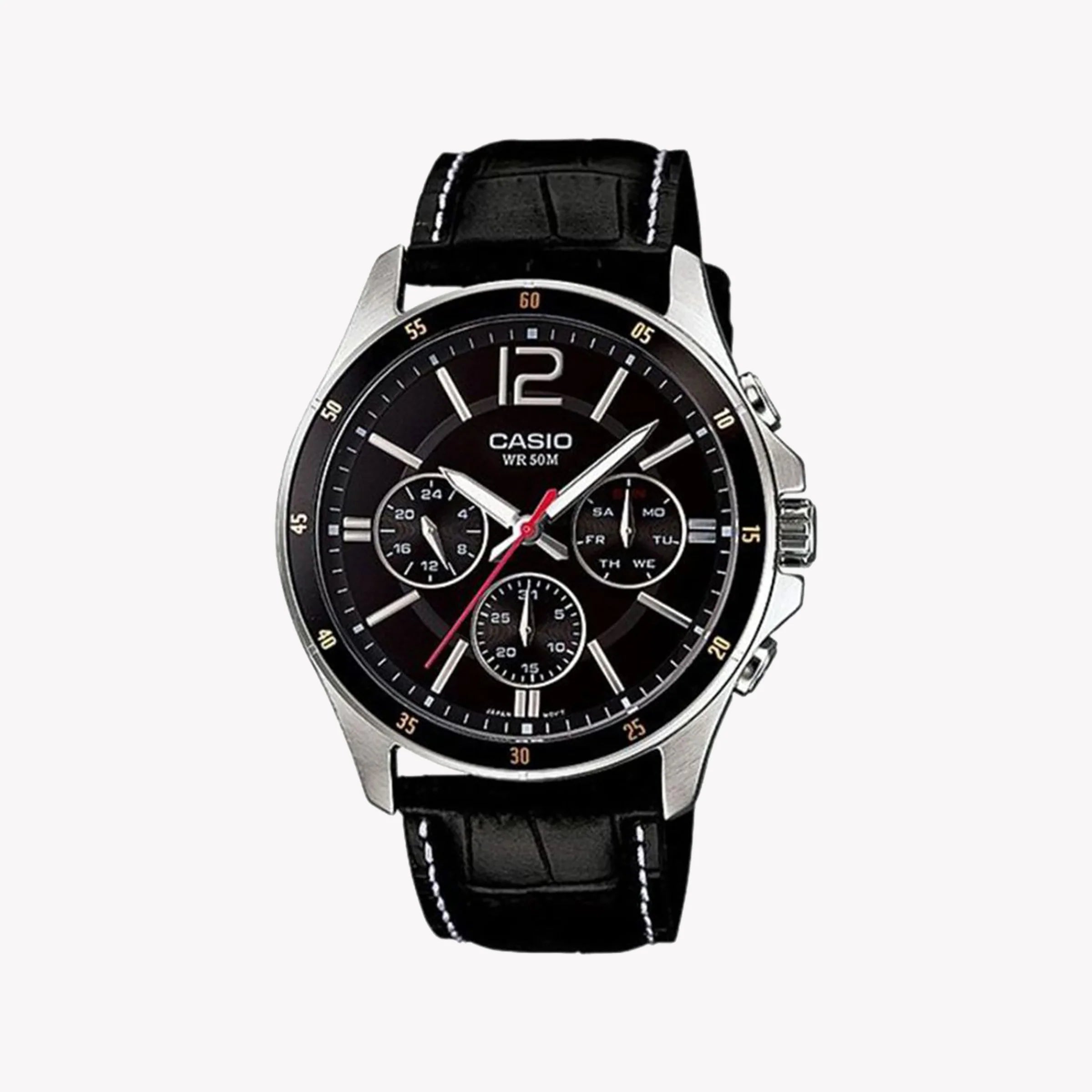Casio Herren Analog Quarzuhr mit ionenplattiertem Metallgehäuse und Lederarmband, schwarzes Zifferblatt mit Wochentag  und Datumsanzeige (50 m)
