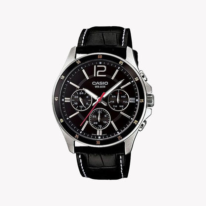 Casio Herren Analog Quarzuhr mit ionenplattiertem Metallgehäuse und Lederarmband, schwarzes Zifferblatt mit Wochentag  und Datumsanzeige (50 m)