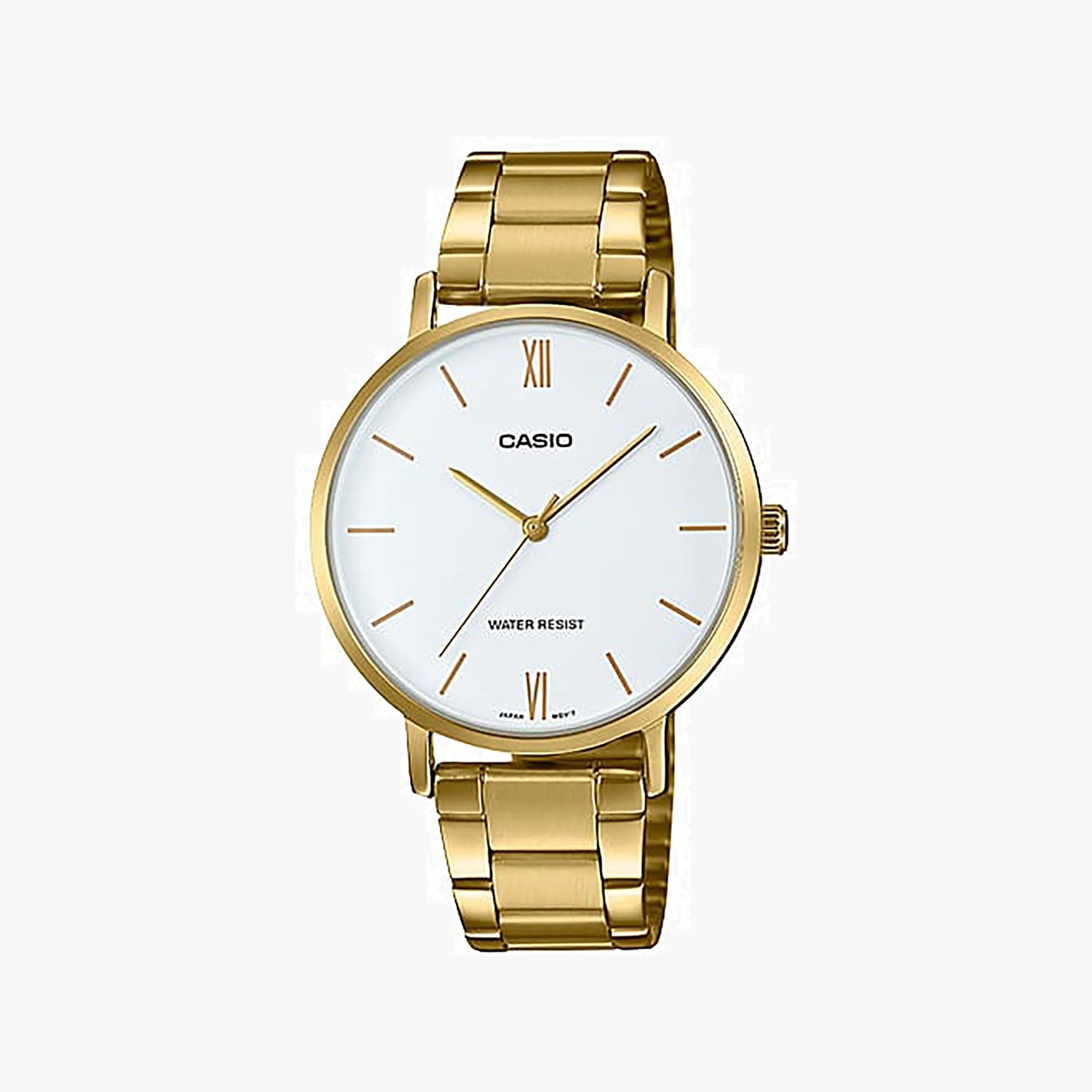 Casio Damen Analog Quarzuhr mit goldfarbenem Metallgehäuse und Edelstahlarmband, weißes Zifferblatt