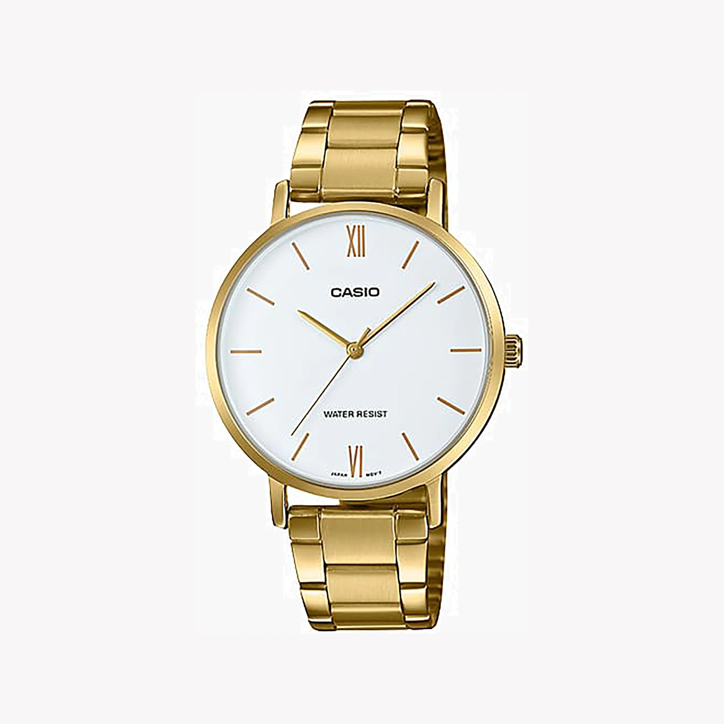 Casio Damen Analog Quarzuhr mit goldfarbenem Metallgehäuse und Edelstahlarmband, weißes Zifferblatt