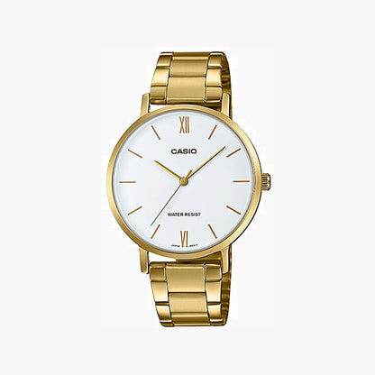 Casio Damen Analog Quarzuhr mit goldfarbenem Metallgehäuse und Edelstahlarmband, weißes Zifferblatt