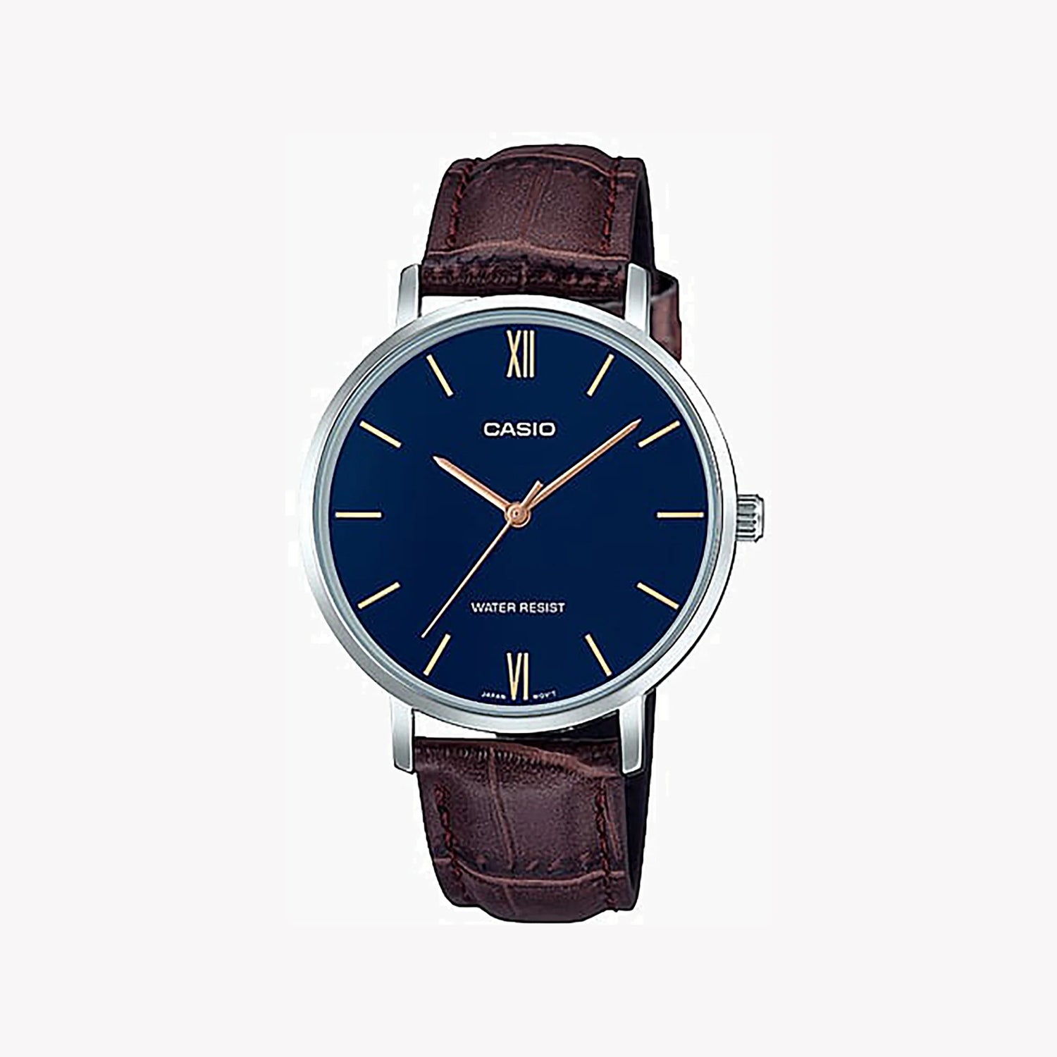 Casio Damen Analog Quarzuhr mit Metallgehäuse und Lederarmband, blaues Zifferblatt