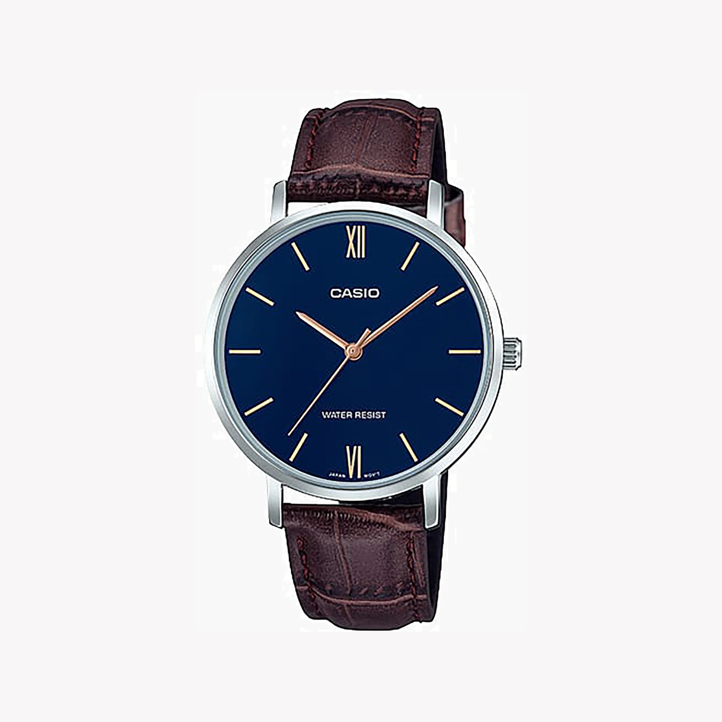 Casio Damen Analog Quarzuhr mit Metallgehäuse und Lederarmband, blaues Zifferblatt