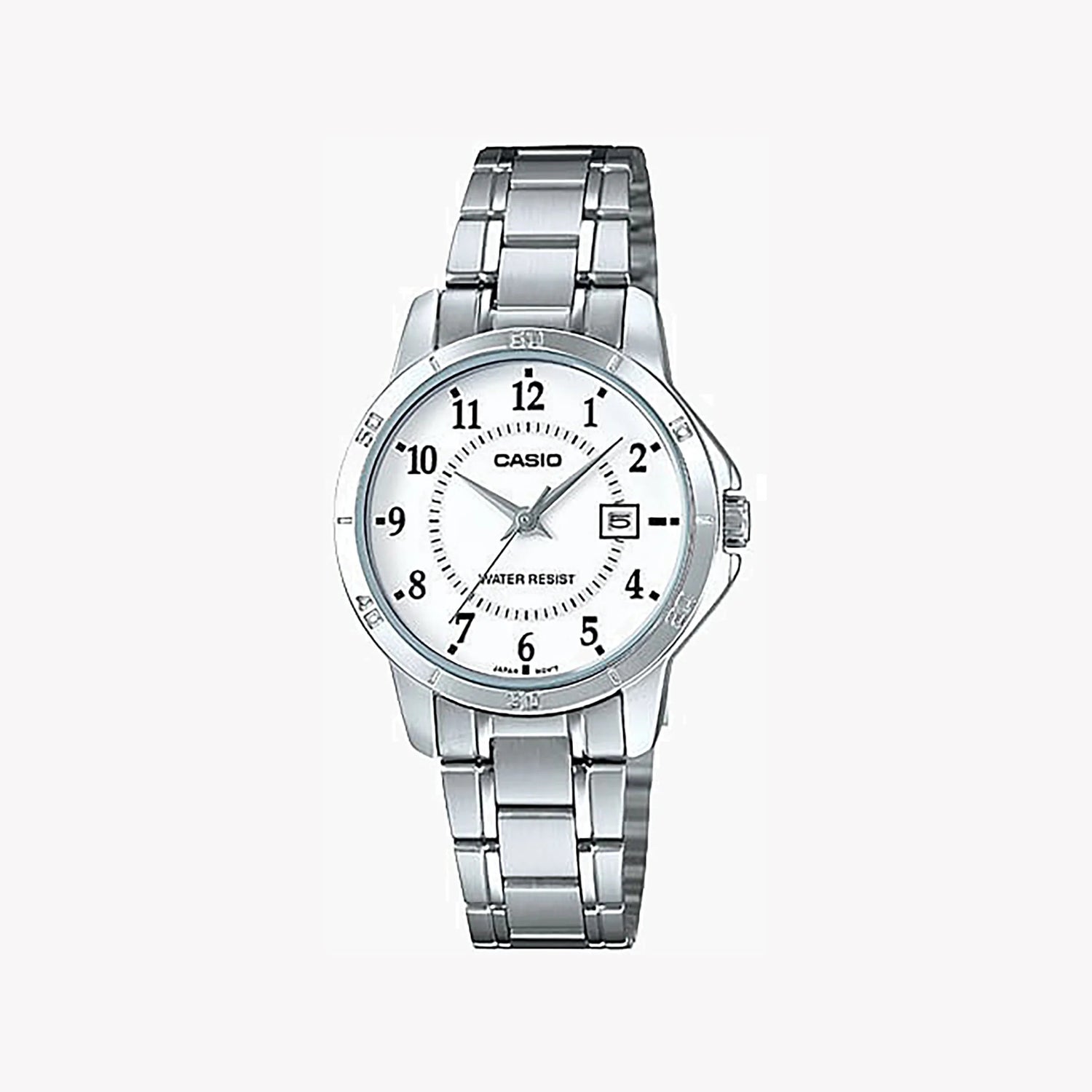 Casio Damen Analog Quarzuhr mit Edelstahlgehäuse und Edelstahlarmband, weißes Zifferblatt mit Datumsanzeige