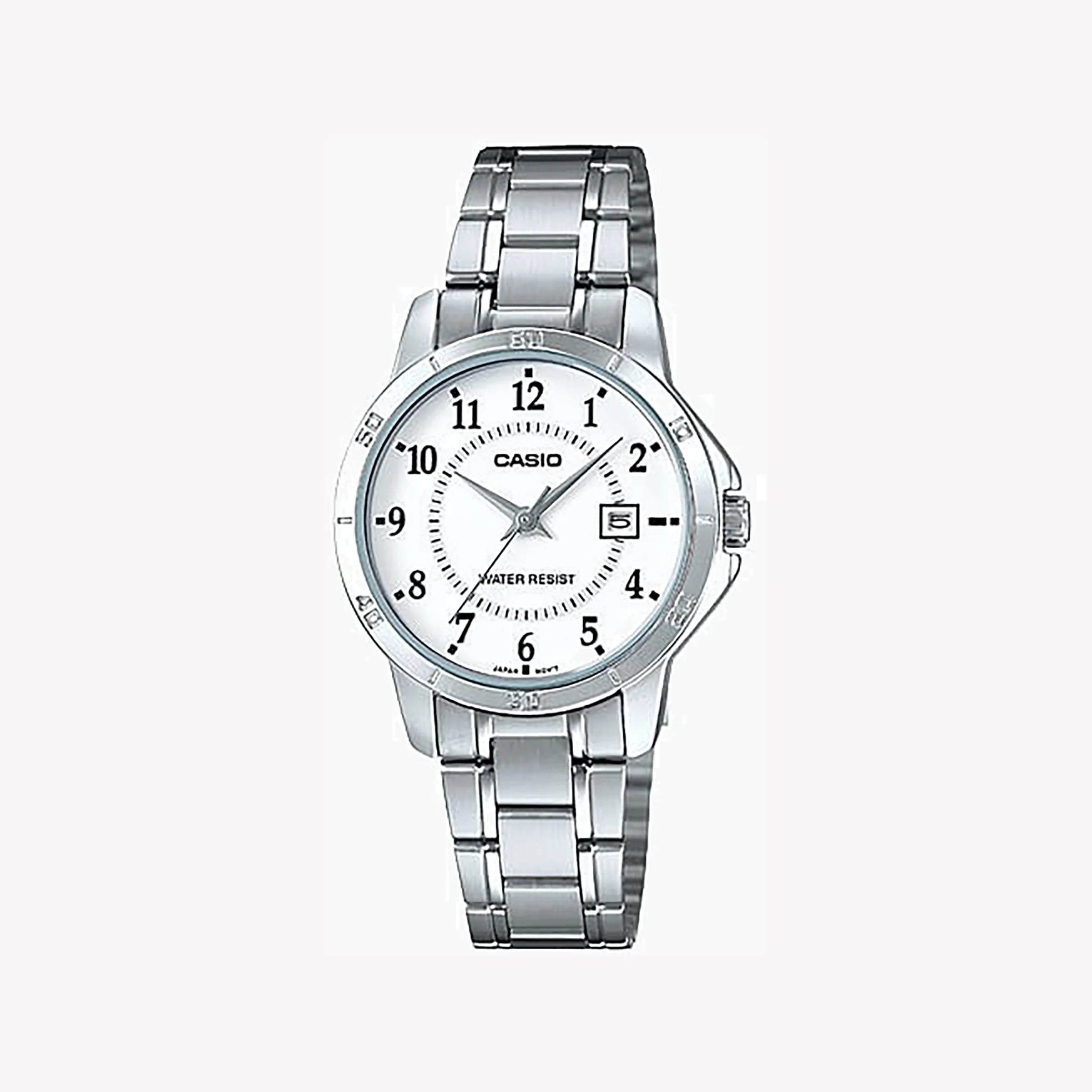 Casio Damen Analog Quarzuhr mit Edelstahlgehäuse und Edelstahlarmband, weißes Zifferblatt mit Datumsanzeige