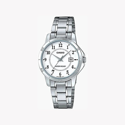 Casio Damen Analog Quarzuhr mit Edelstahlgehäuse und Edelstahlarmband, weißes Zifferblatt mit Datumsanzeige
