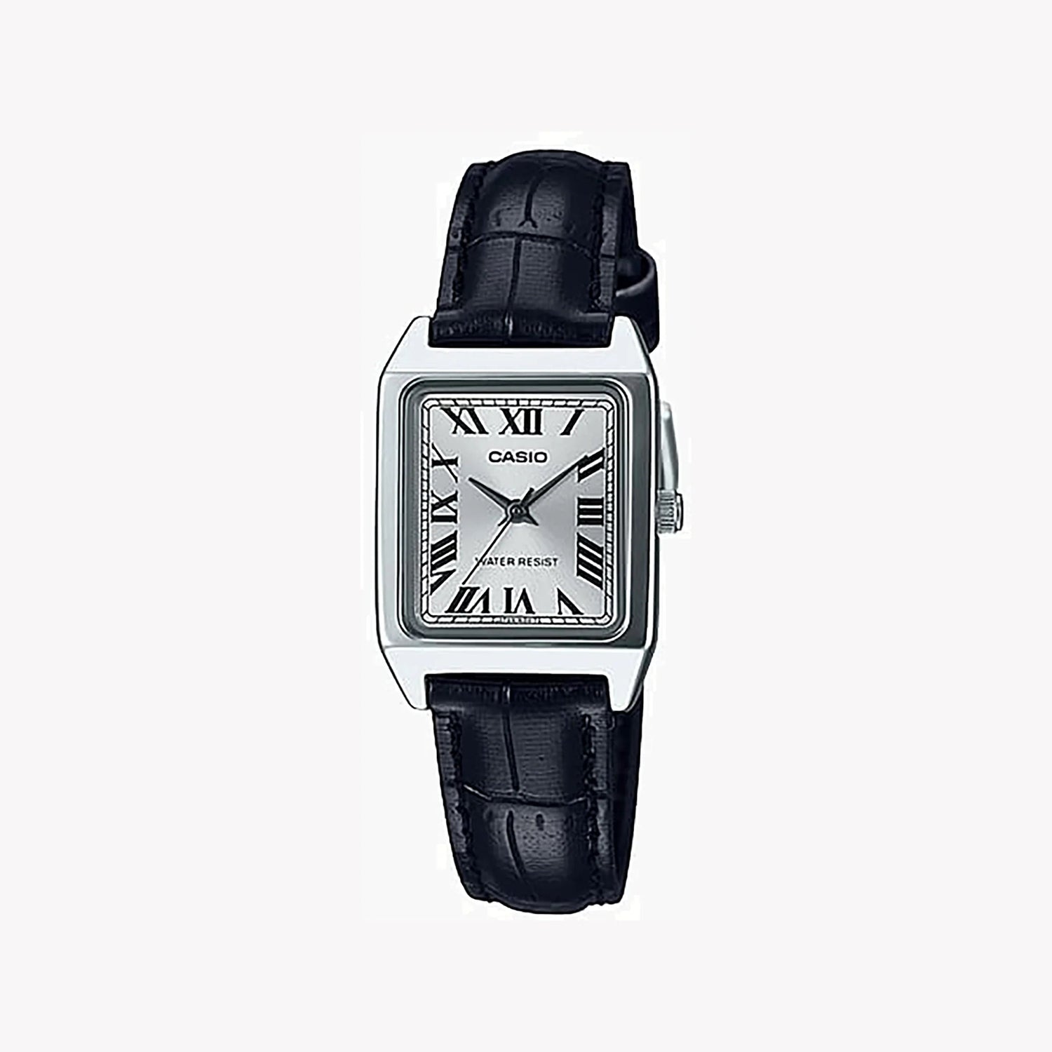Casio Damen Analog Quarzuhr mit Metallgehäuse und Lederarmband, schwarzes Zifferblatt