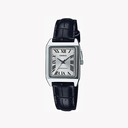 Casio Damen Analog Quarzuhr mit Metallgehäuse und Lederarmband, schwarzes Zifferblatt