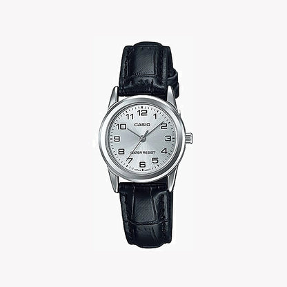 Casio Damen Analog Quarzuhr mit Metallgehäuse und Lederarmband, weißes Zifferblatt