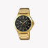Casio Herren Analog Quarzuhr mit goldfarbenem Edelstahlgehäuse und Edelstahlarmband, schwarzes Zifferblatt mit Multifunktionsanzeigen
