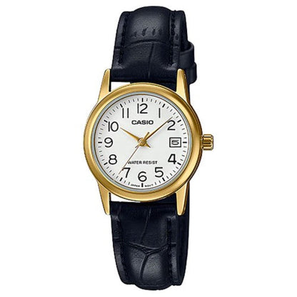 Casio Damen Analog Quarzuhr mit goldfarbenem Metallgehäuse und schwarzem Lederarmband, weißes Zifferblatt mit Datumsanzeige