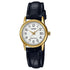 Casio Damen Analog Quarzuhr mit goldfarbenem Metallgehäuse und schwarzem Lederarmband, weißes Zifferblatt mit Datumsanzeige