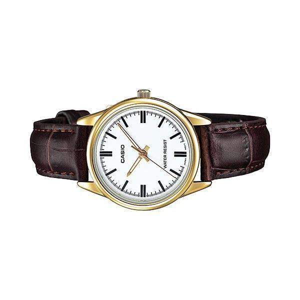 Casio Damen Analog Quarzuhr mit goldfarbenem Metallgehäuse und Lederarmband, champagnerfarbenes Zifferblatt