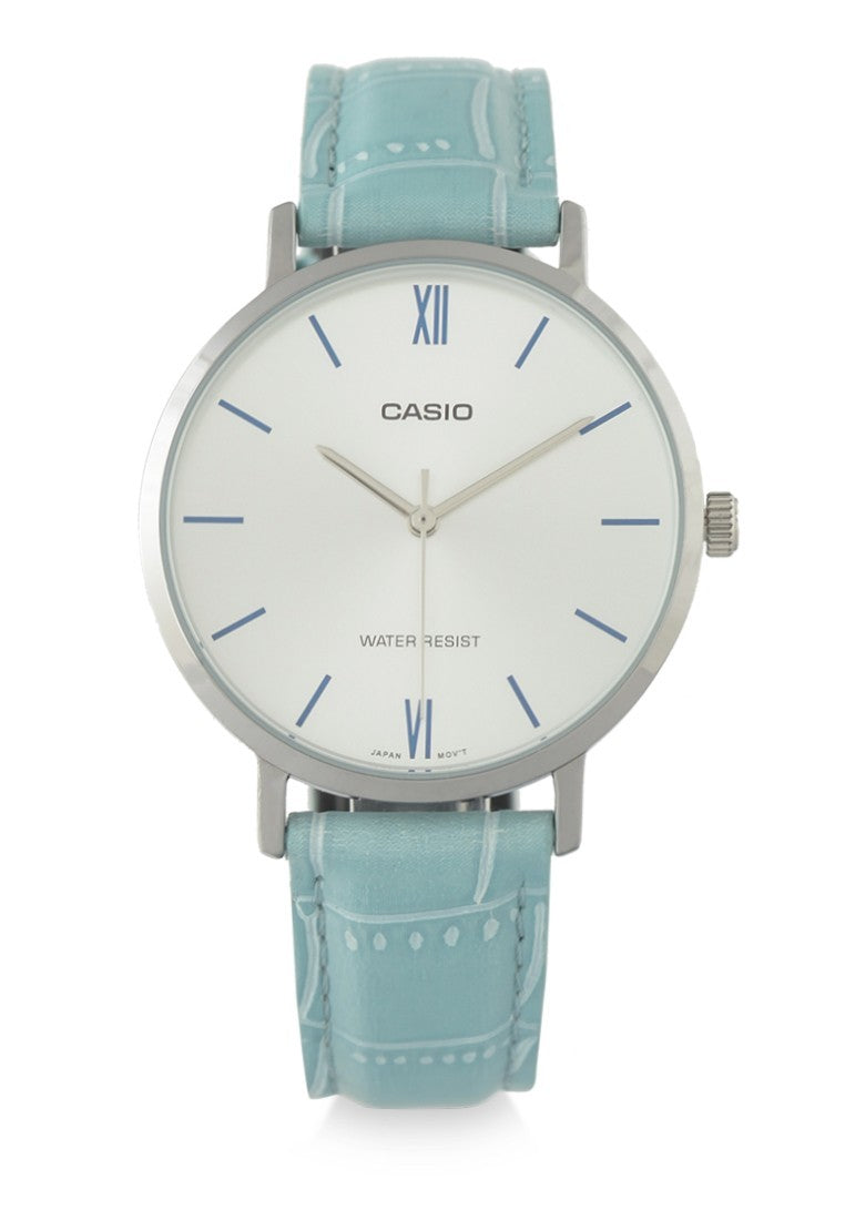 Casio Damen Quarzuhr mit hellem Zifferblatt und weißem Lederarmband