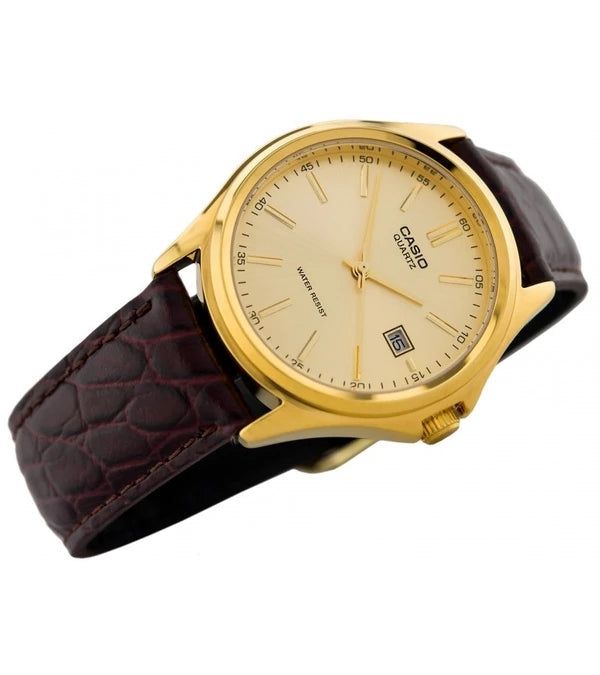 casio herren quarzuhr champagnerfarbenem zifferblatt datum braunem lederarmband mtp 1183q 9adf