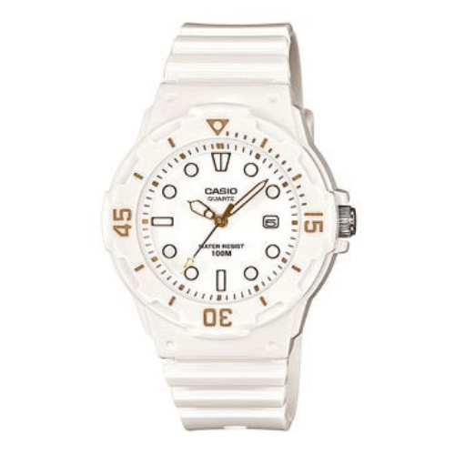 Damen Analoguhr_im_Taucherstil_mit_hellem_Resinarmband_Drehlnette_und_Datum