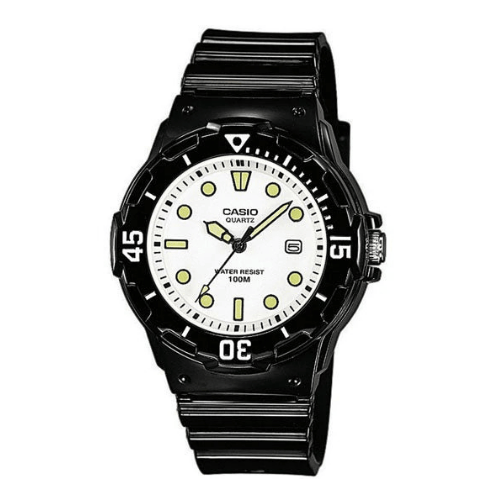 Damen Analoguhr_im_Taucherstil_mit_weiem_Resinarmband_Drehlnette_und_Datum