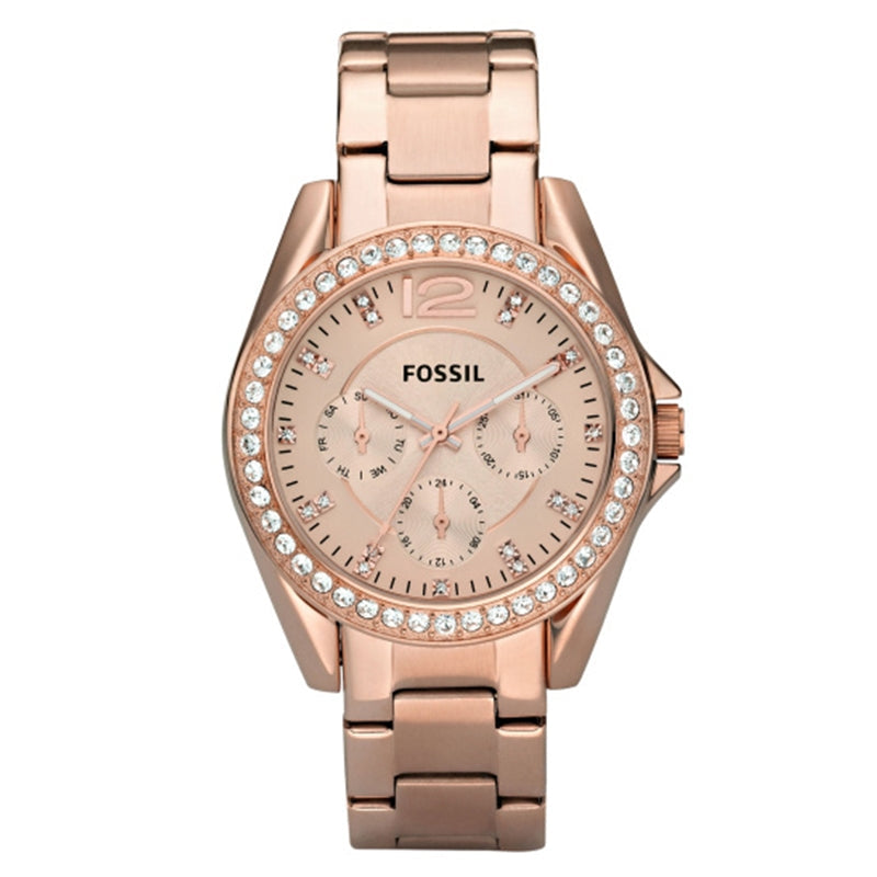 Fossil Riley Multifunction Crystal Rose Gold Tone Stainless Steel Watch