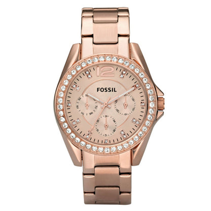 Fossil Riley Multifunction Crystal Rose Gold Tone Stainless Steel Watch