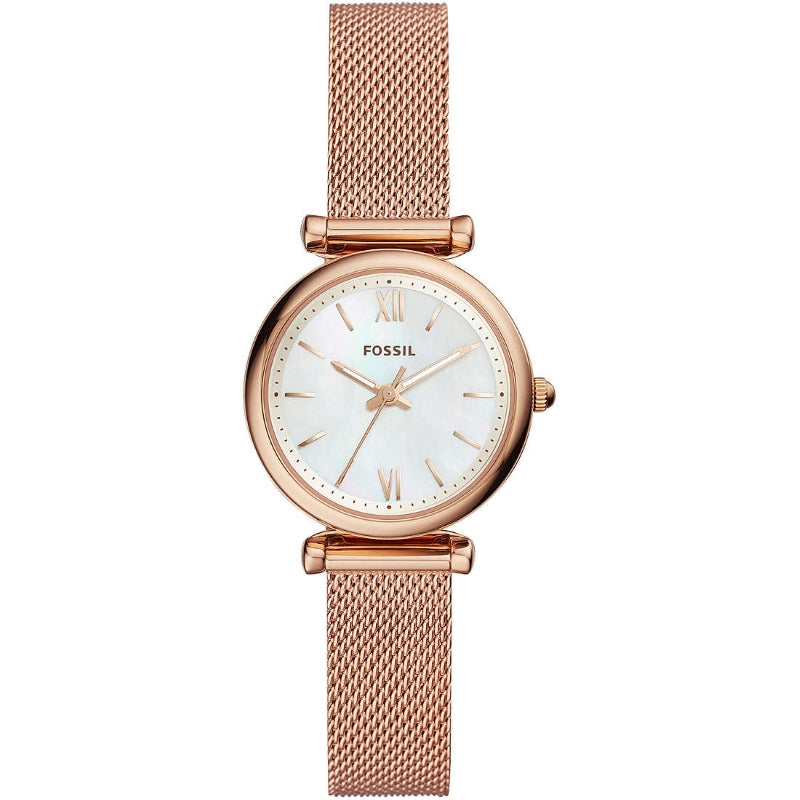 Fossil Carlie Mini Three Hand Rose Gold Tone Stainless Steel Mesh Watch