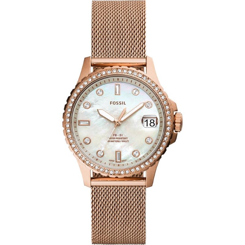 Fossil FB 01 Three Hand Date White Rose Gold Tone Stainless Steel Watch