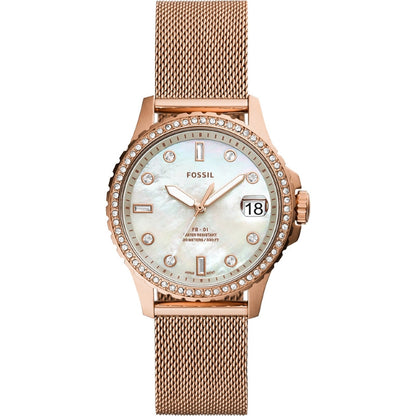 Fossil FB 01 Three Hand Date White Rose Gold Tone Stainless Steel Watch