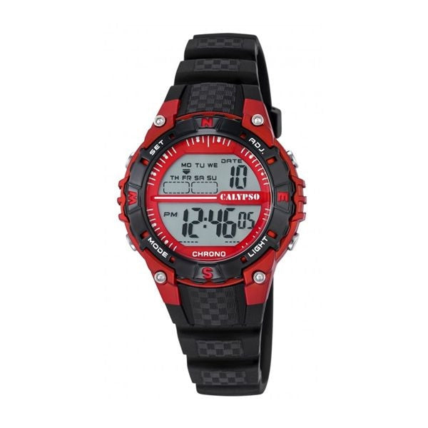 Calypso Digitale Unisex Uhr aus Kunststoff mit rotem Gehäuse, schwarzem Band, Stoppuhr, Alarm und Beleuchtung (ca. 38 mm, 10 bar)